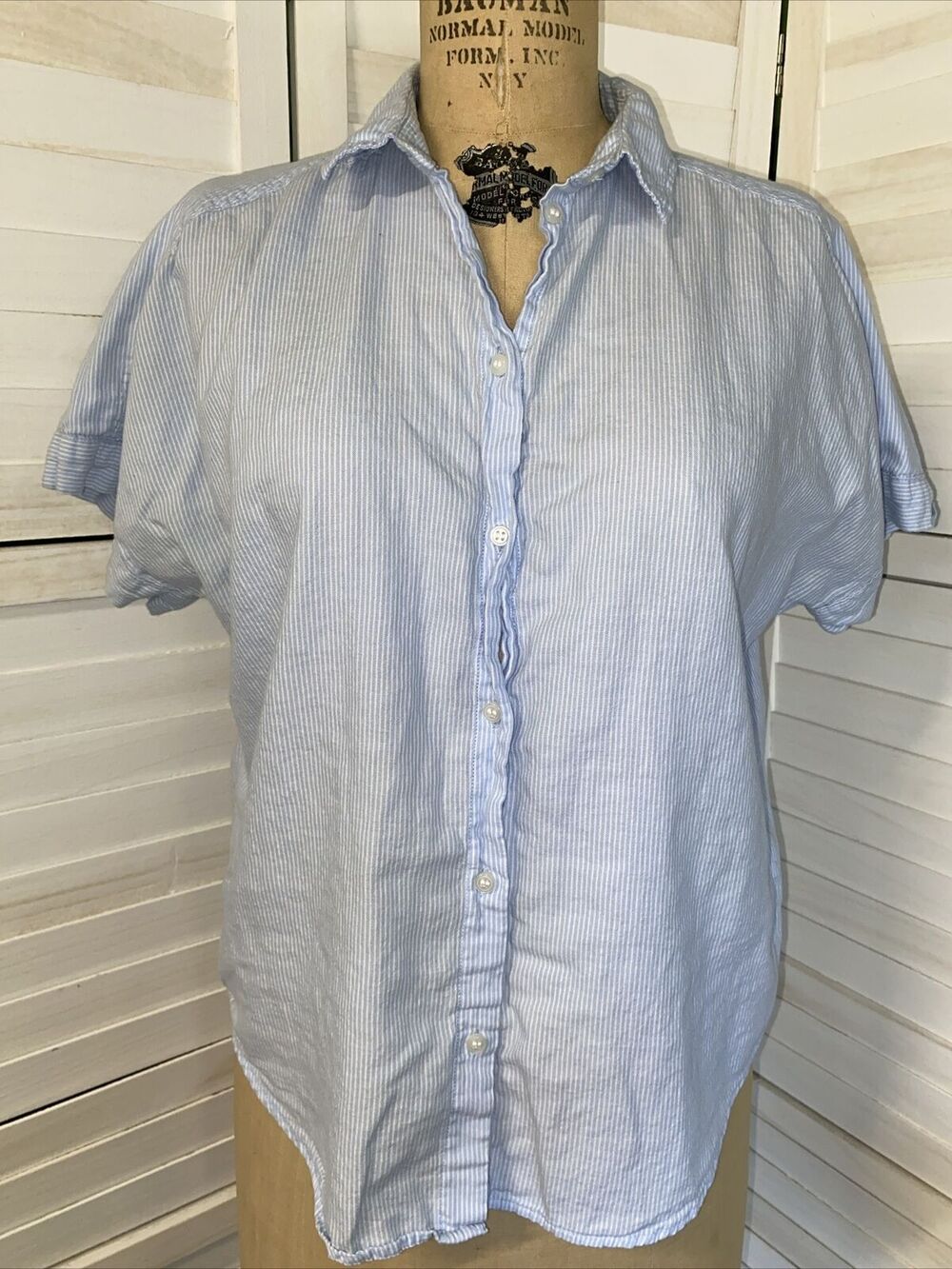LOGG H&M Button Up Shirt Ladies Short Sleeve Button Down Casual Blue Shirt Sz 4